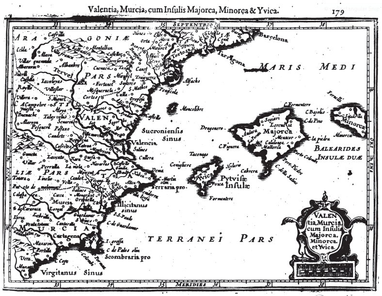 'Valentia, Murcia, cum Insulis Majorca, Minorca, & Yvica', Gerard Mercatoris, Atlas minor (Amsterdam, 1632), p. 179