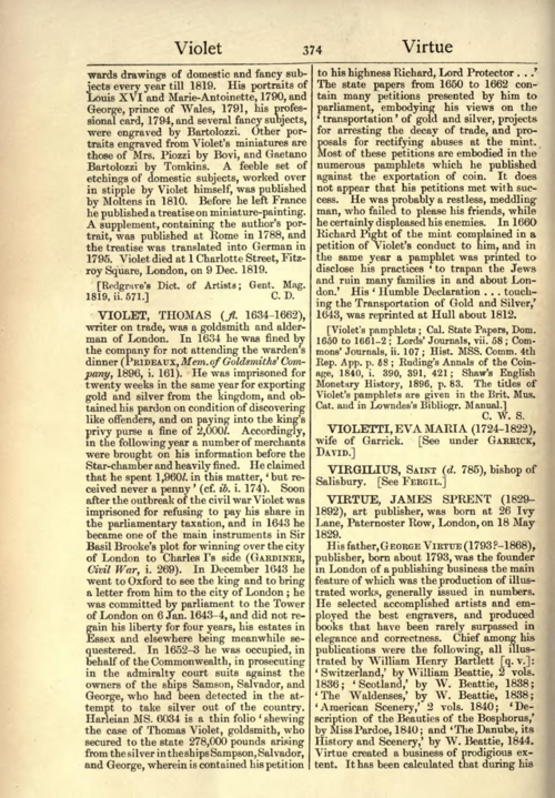 Charles William Sutton, 'Violet, Thomas', Dictionary of National Biography, vol.56, p.374, repub. by Wikisource