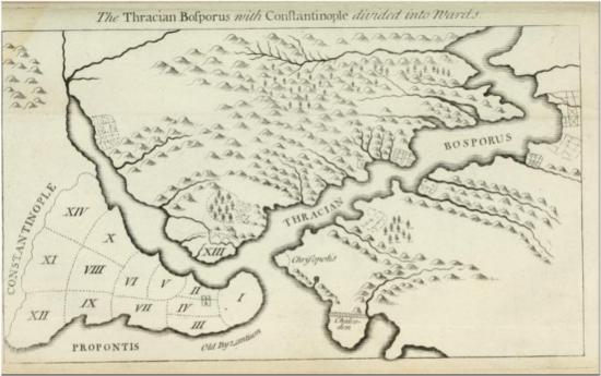 thumbnail "'The Thracian Bosporus with Constantinople divided into Wards', P. Gilles, The antiquities of Constantinople (London, 1729), Plate I