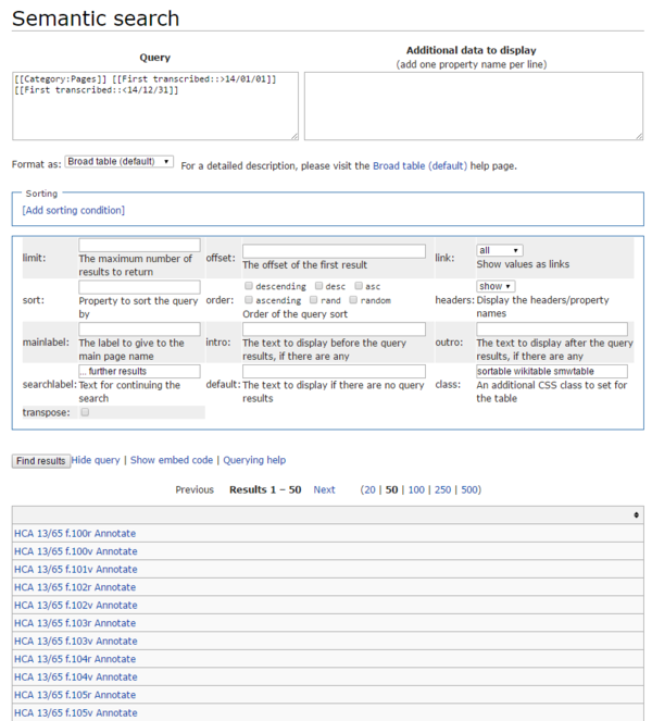 Partial screen shot of Special Ask Query pages showing query string and output table